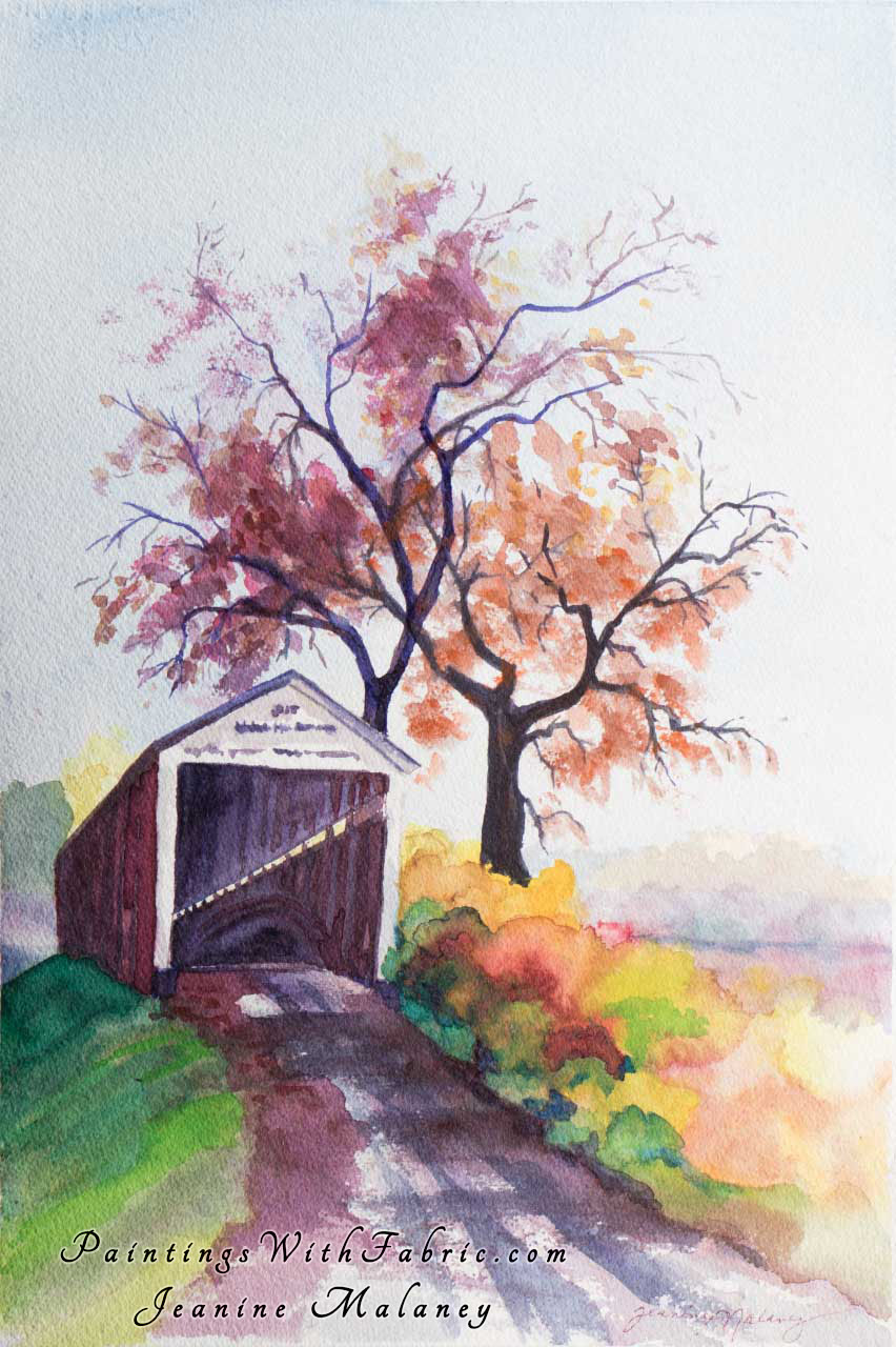 Indiana Covered Bridge Unframed Original Watercolor Painting an old covered bridge 