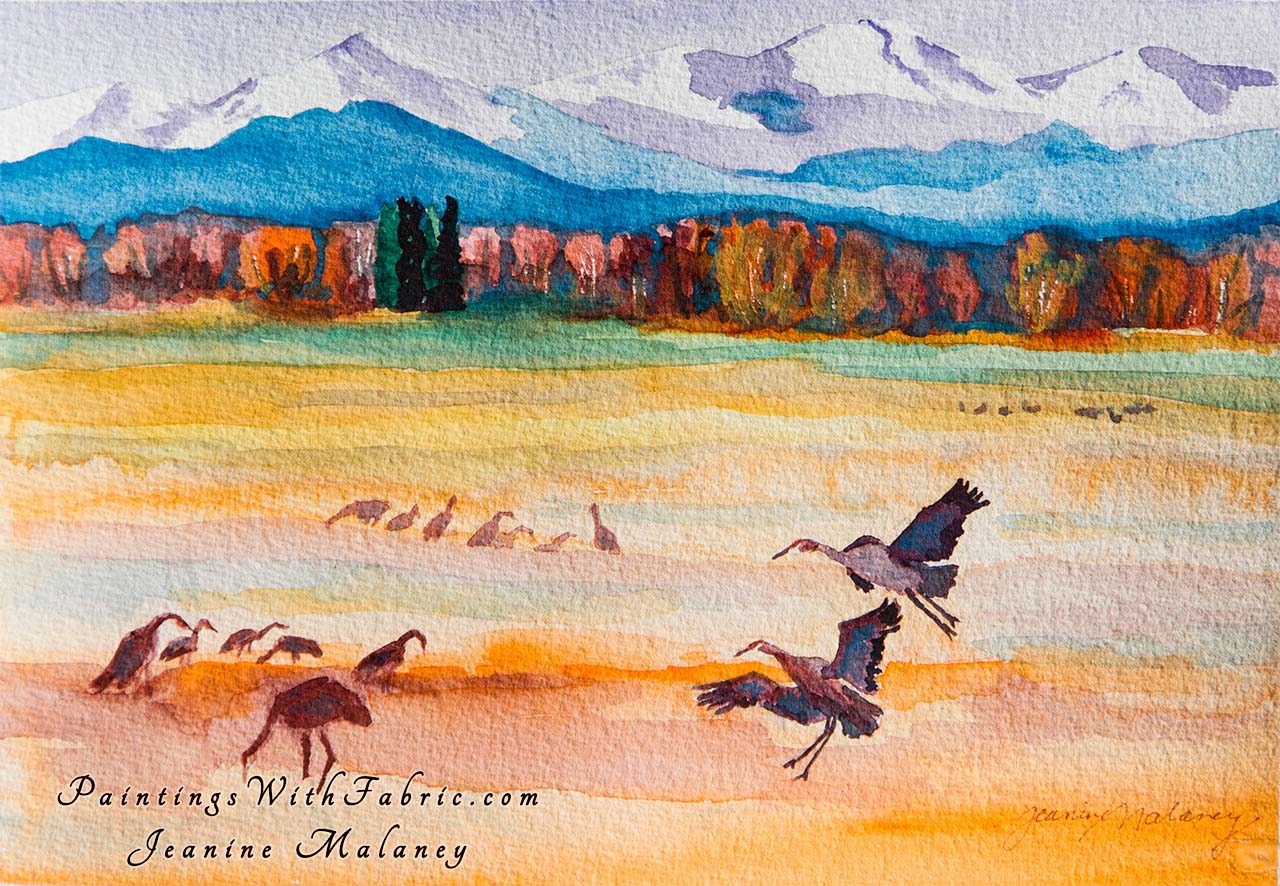 Monte Vista National Wildlife Refuge  Unframed Original Watercolor Painting Two sandhill cranes landing in a field at the wildlife refuge.