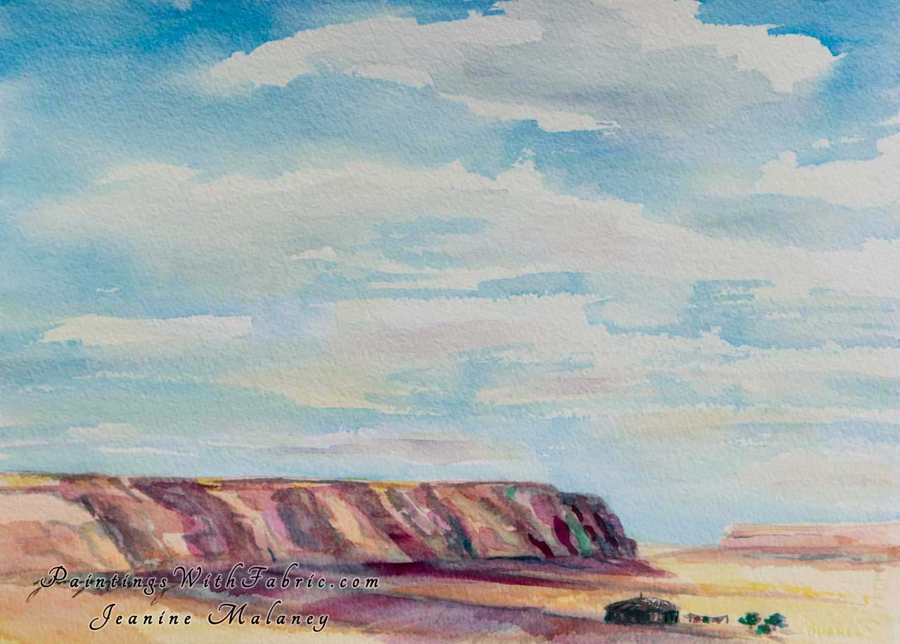 Navajo Land Unframed Original Watercolor Painting a view of a large sky with hill of rock and a small Navajo home 