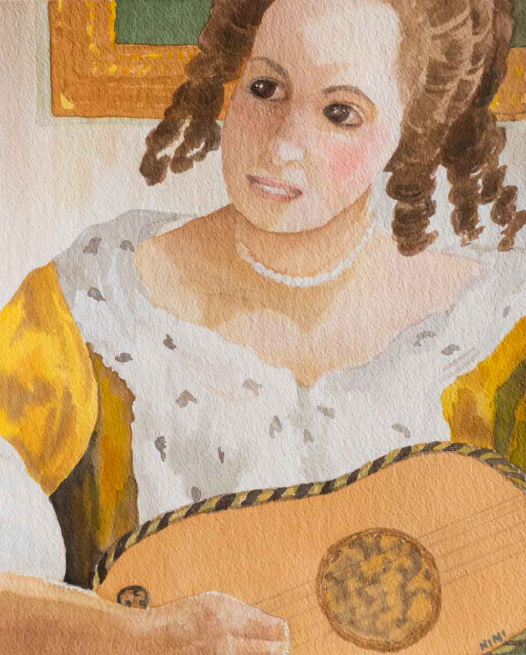 Ode to Vermeer Unframed Original Watercolor Painting The Guitar Player 1660