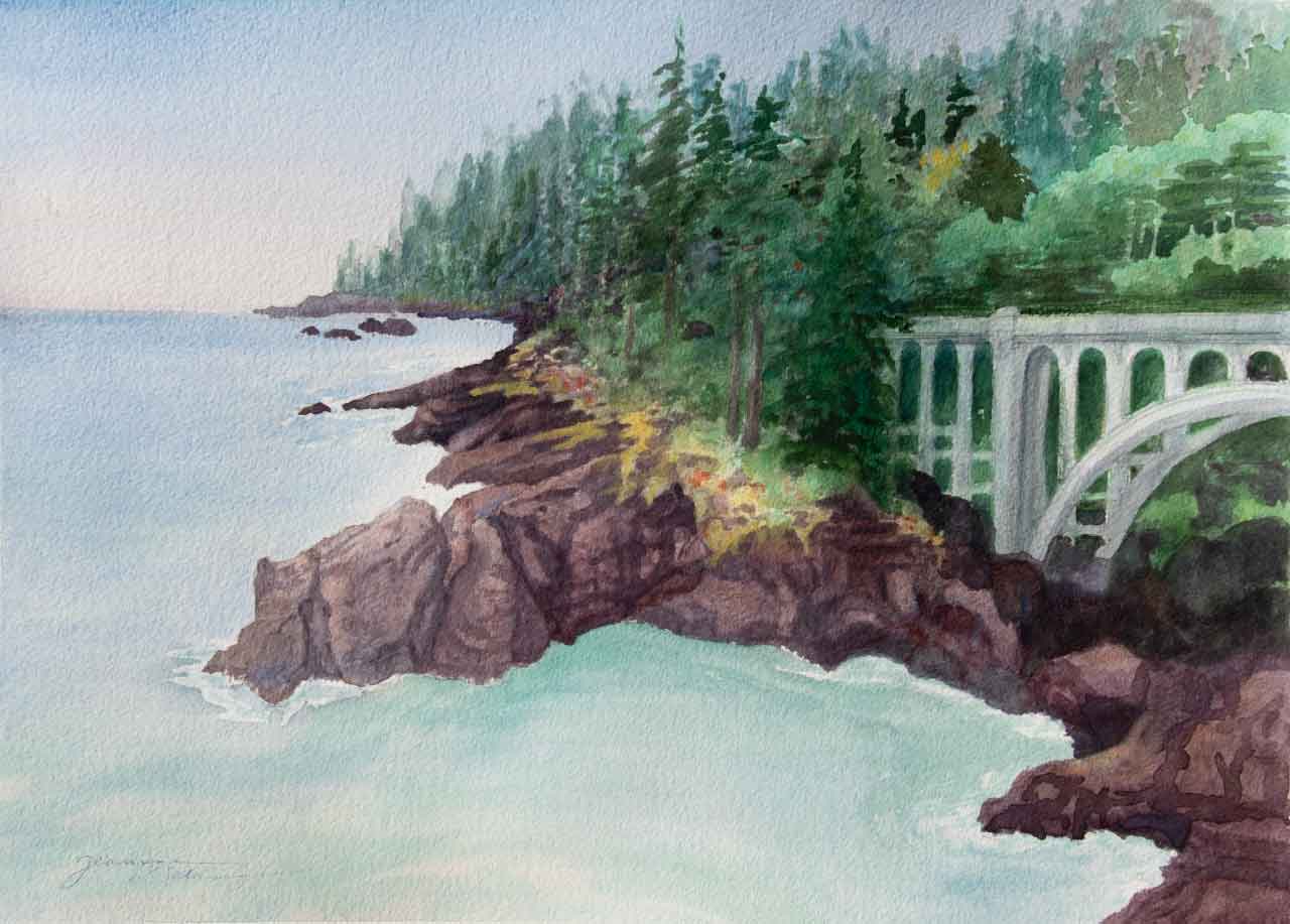 Oregon Coast  Unframed Original Watercolor Painting Oregon Coast with a bridge 