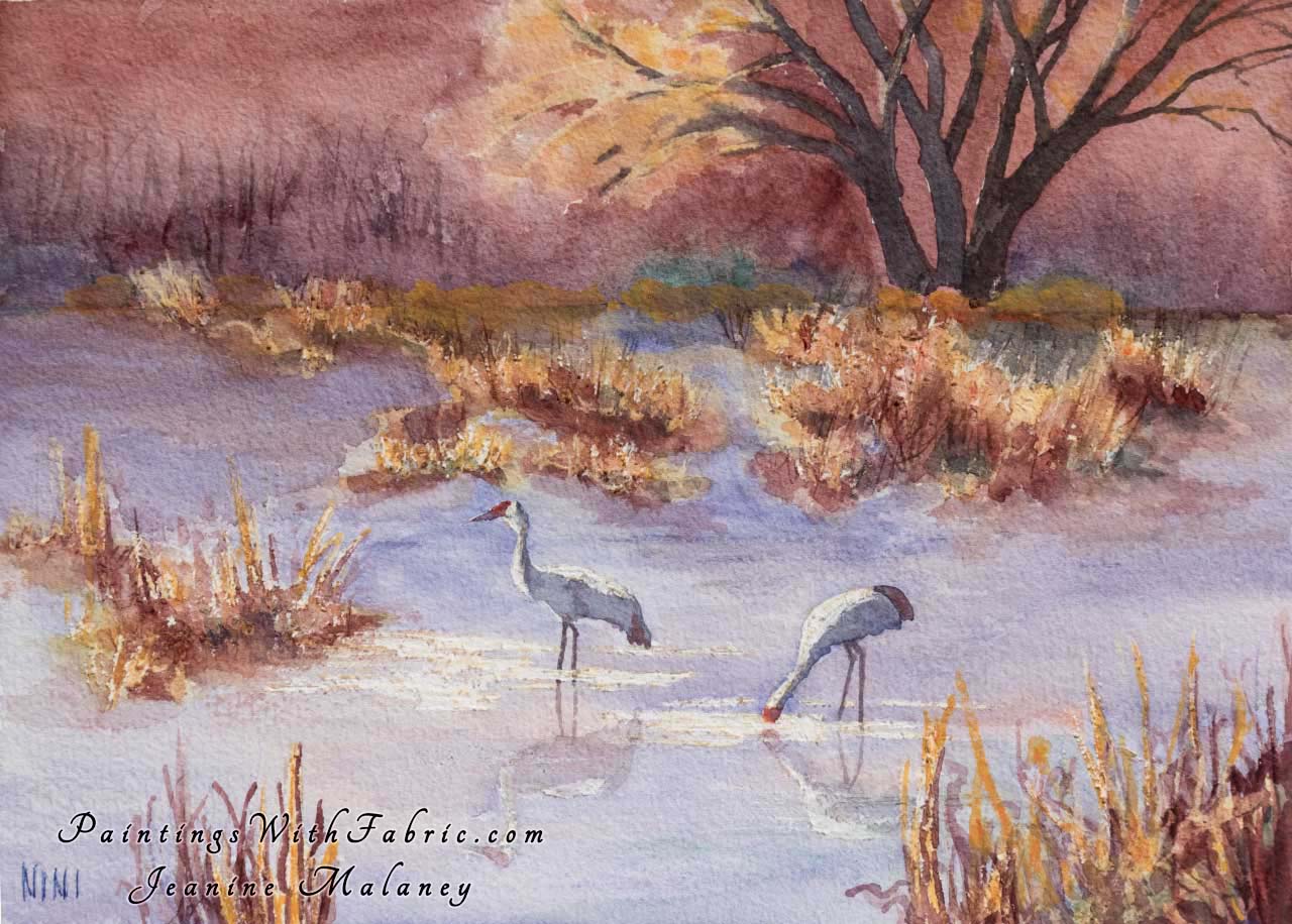 Sandhill Cranes at Bosque de l'Apache   Unframed Original Watercolor Painting two Sandhill Cranes at Bosque de l'Apache in the marsh 