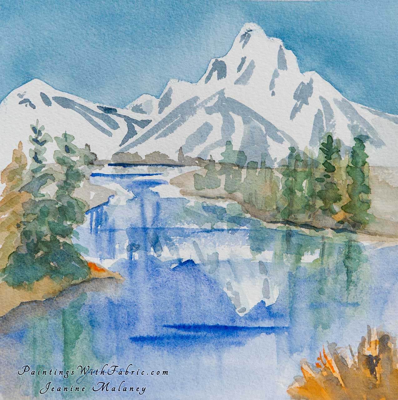 Snake River Unframed Original Watercolor Painting a slow moving river with a snow covered Tetons mountain reflecti