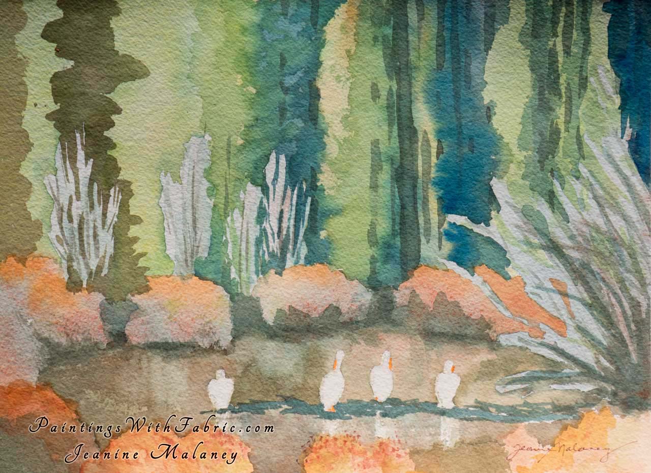 White Pelican Sunning Unframed Original Watercolor Painting 4 white pelican sit on an log sunning them self in the spring