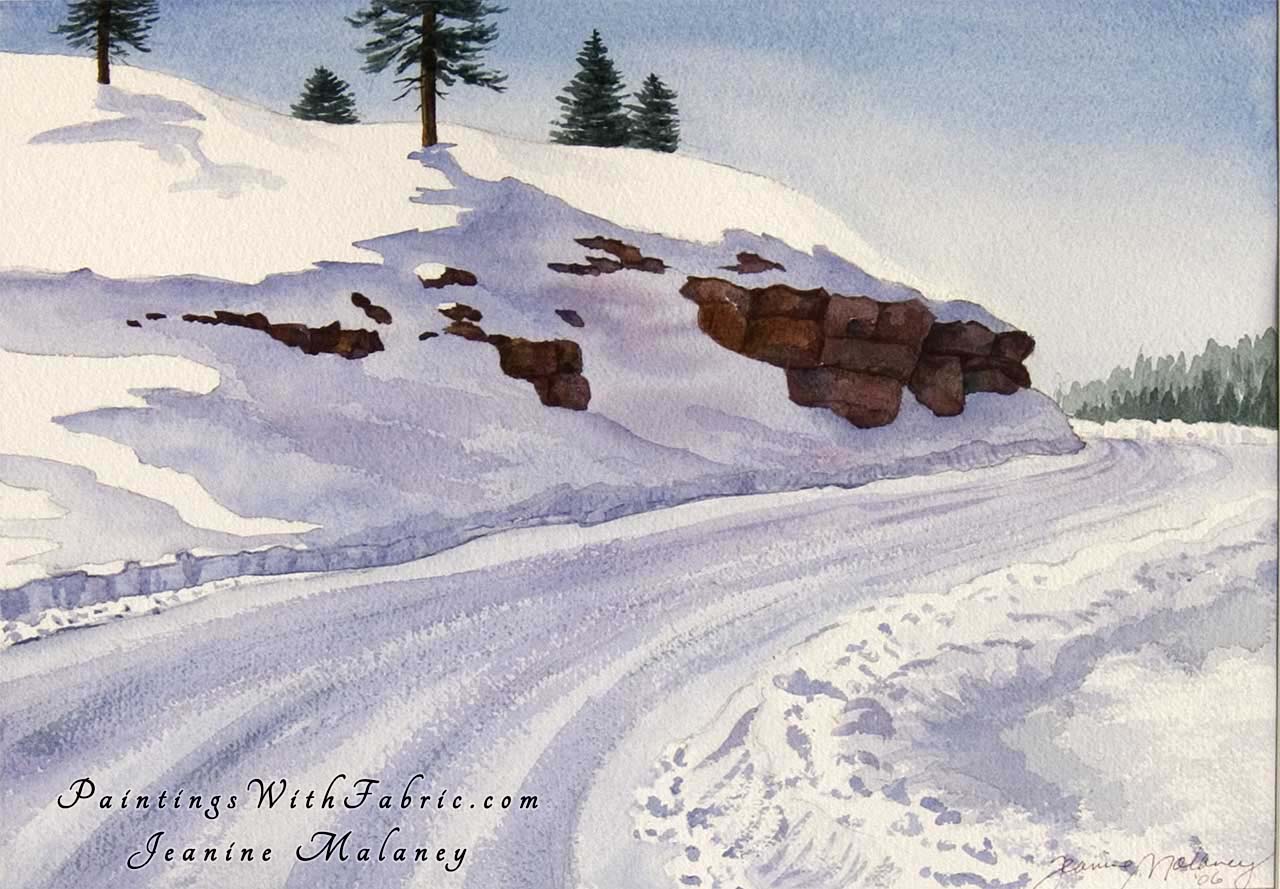 Along Piedra Road Unframed Original Watercolor Painting a forest road in the Colorado winter