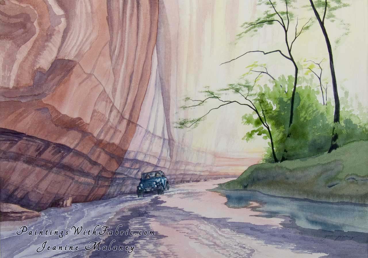 Four-wheelin Canyon de Chelly Unframed Original Watercolor Painting of a jeep in river at Canyon de Chelly