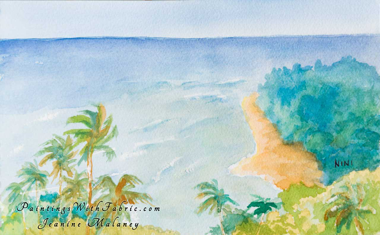 Ke'e Beach from Kalalau Trail  Unframed Original Watercolor Painting look down on the Ke'e Beach from Kalalau Trail 