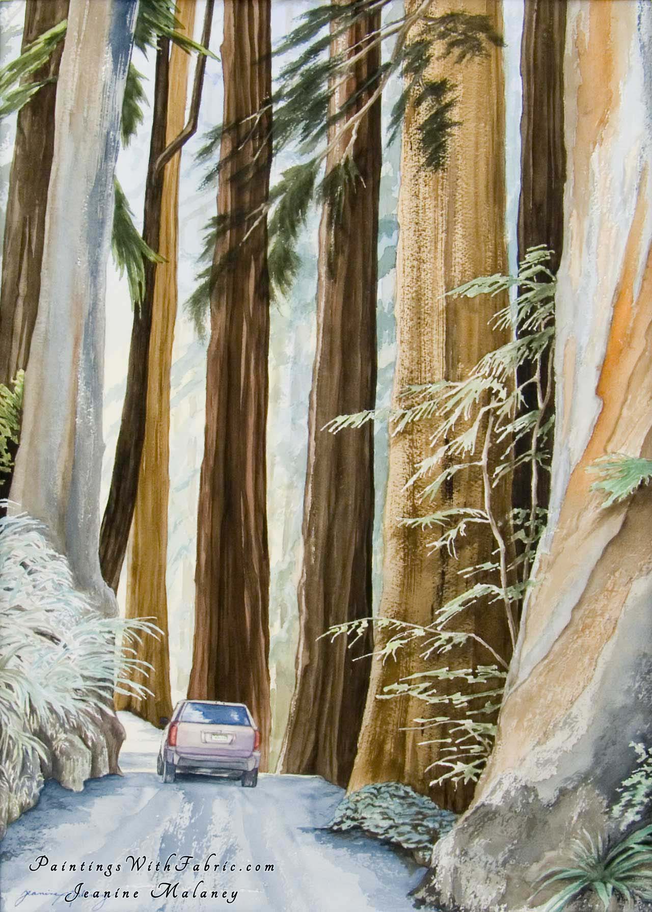 Four Wheelin Redwood National Park Unframed Original Watercolor Painting of a jeep in large redwoods