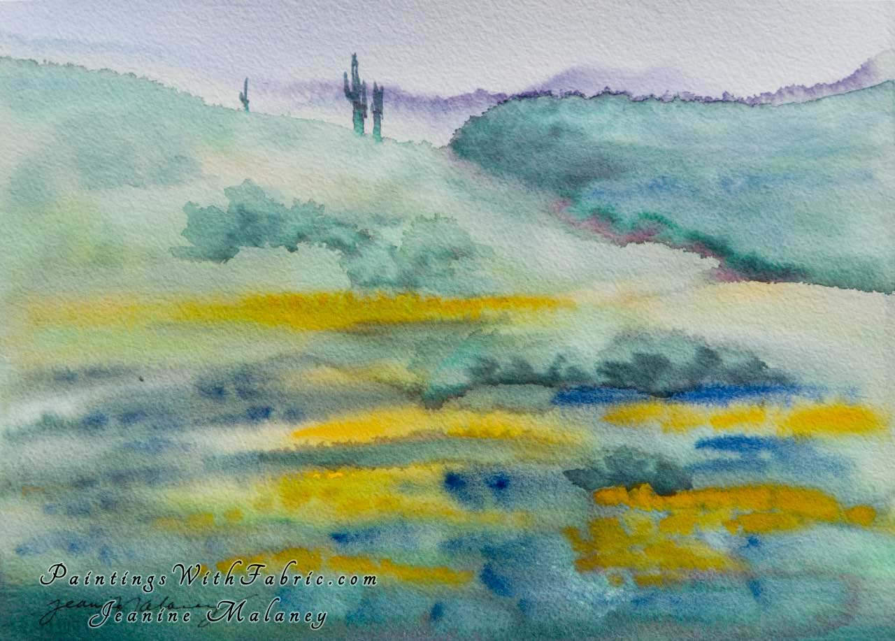 Saguaro Unframed Original Watercolor Painting a desert valley leading to a Saguaro on the ridge 