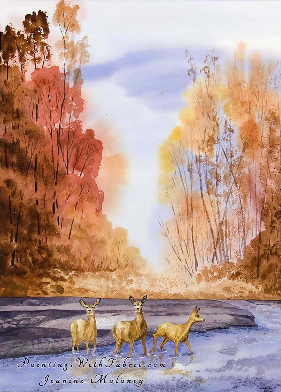 The Crossing at Piedra River Unframed Original Watercolor Painting of three deer crossing the Piedra River