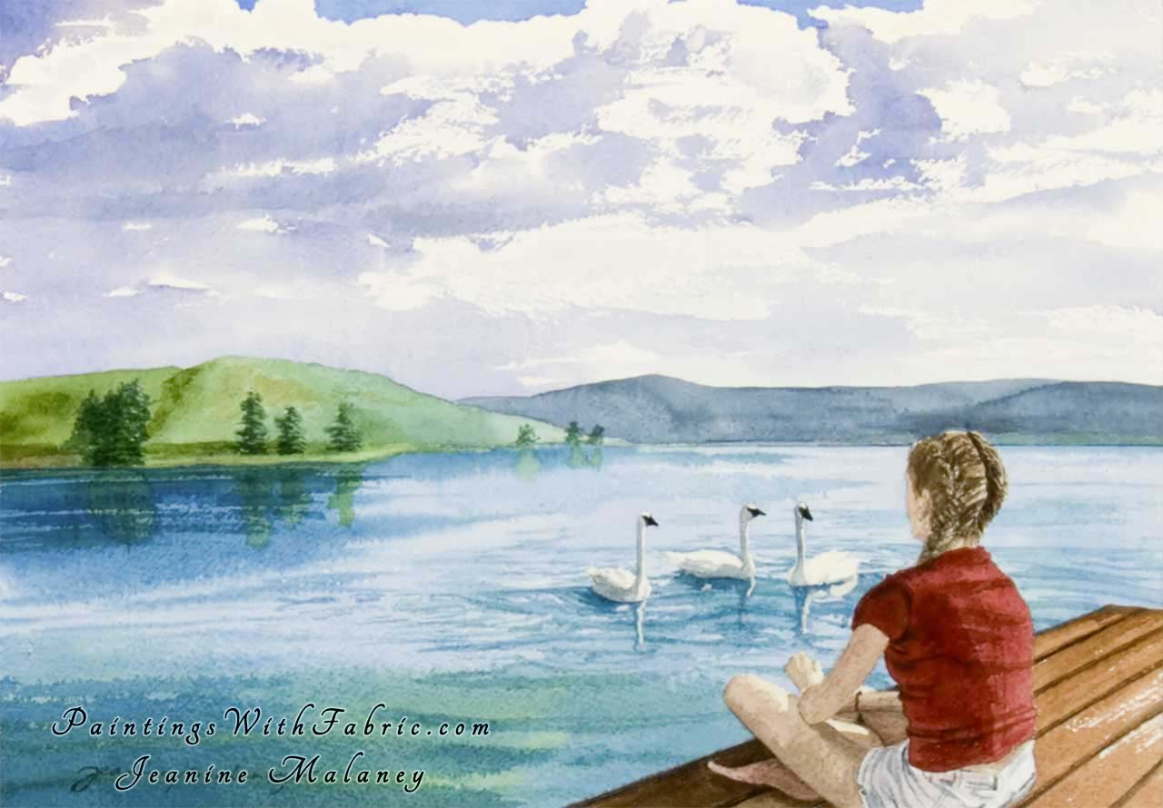 The Curious Three Unframed Original Watercolor Painting of three trumpeter swans in a Colorado Lake