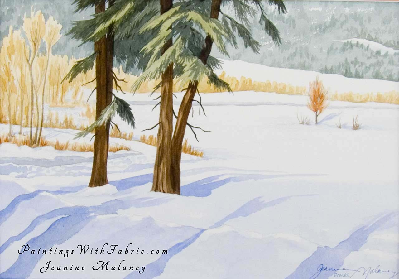 Winter Meadow Unframed Original Watercolor Painting of two pine trees in the winter